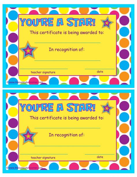 You're a Star End of the Year Certificate free from The Curriculum Corner Award Templates Free, Star Certificate, Free Printable Certificate Templates, Preschool Certificates, Classroom Awards, Student Certificates, Free Printable Certificates, Student Of The Month, Kids Awards