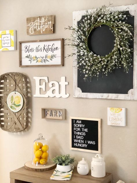 Lemon Gallery Wall, Farmhouse Yellow Kitchen, Lemon Farmhouse Kitchen, Big Kitchen Wall Decor Ideas, Kitchen Wall Ideas Decor, Lemon Kitchen Decor Ideas, Small Kitchen Wall Decor, Kitchen Wall Decor Ideas, Kitchen Wall Decor Farmhouse