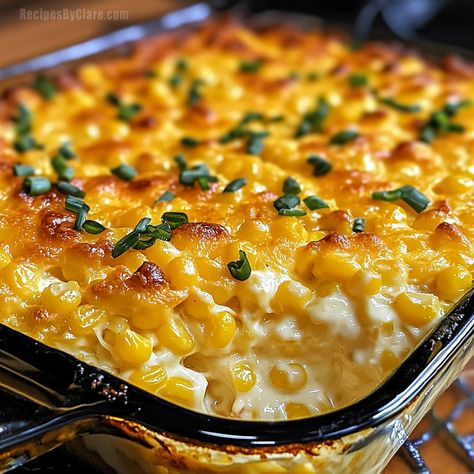 Cheesy Cream Corn Casserole, Easy Creamy Corn Casserole, Corn Dishes For Bbq, Cream Corn Recipe Casserole, Corn Bake Recipe, Cheesy Cream Cheese Corn Casserole, Easy Cream Corn Recipe, Mac And Cheese Corn Casserole, Frozen Corn Recipes Side Dishes