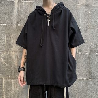 Wescosso Short-Sleeve Hooded Top | YesStyle Harajuku Men, Plain Hoodies, Loose Pullover, Pullover Hoodies, Hooded Tops, Mens Fashion Summer, Harajuku Fashion, Hooded Pullover, Mens Streetwear