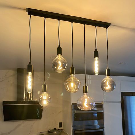 Let me introduce this fully customizable 3-7-pendants cluster chandelier with metal lamp sockets. This lamp will perfectly decorate any café, bar, restaurant as well as room of your house and will be great as bar lighting, kitchen island lighting, dine room lighting for your house or apartments. You can use a lamp which you prefer - incandescent or LED up to 60W. Lamp base is E27/E26. Suitable for 110-120/220-240V. Default cord color is black, but I can install any color from palette on pic.3. H Bar Counter Lighting Ideas, Kitchen Island Down Lights, Triple Pendant Lighting, Light Fixtures Island, Boho Lighting Kitchen, Stairway Lights Hanging, Dining Room And Island Lighting, Lights Over Breakfast Bar, Soft Kitchen Lighting