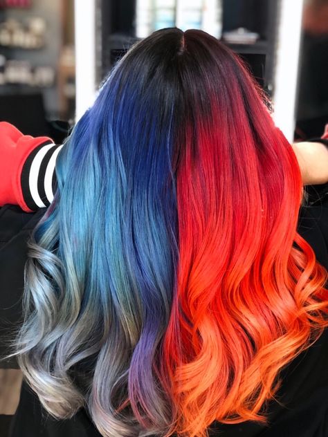 #redhair #bluehair #redandbluehair #fire #ice #fireandice #hairgoals #hairtransformations #vivids #vividhaircolor #funhair Fire And Ice Hair, Fire And Ice Hair Color, Fire Hair Color Ombre, Red And Blue Hair, Fire Ombre Hair, Fire Hair Color, Ice Hair, Ocean Hair, Half And Half Hair