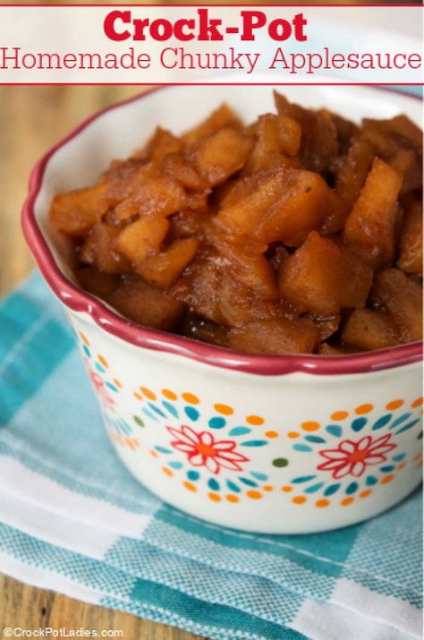 Crock-Pot Homemade Chunky Applesauce - Your family is going to love the cinnamon & cloves flavor in this Crock-Pot Homemade Chunky Applesauce! A great side dish or dessert! [Gluten Free, Low Calorie, Low Cholesterol, Low Fat, Low Sodium, Vegan, Vegetarian & Weight Watchers friendly!] #CrockPotLadies #CrockPot #SlowCooker #Homemade #Applesauce #Cinnamon #Cloves #5IngredientsOrLess #WeightWatchers Chunky Crockpot Applesauce, Instant Pot Chunky Applesauce, Slow Cooker Chunky Applesauce, Chunky Applesauce Recipe Crock Pots, Crockpot Cakes, Homemade Chunky Applesauce, Apple Crockpot Recipes, Chunky Applesauce Recipe, Chunky Applesauce