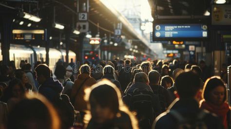 Crowds Commuting at a Train Station royalty free stock image Train Station Graphic Design, Busy Train Station, Crowded Train Station, Vector Mountain, Black And White Train Station, Crowd Of People, Large Crowd, Shornur Railway Station, Bright Light