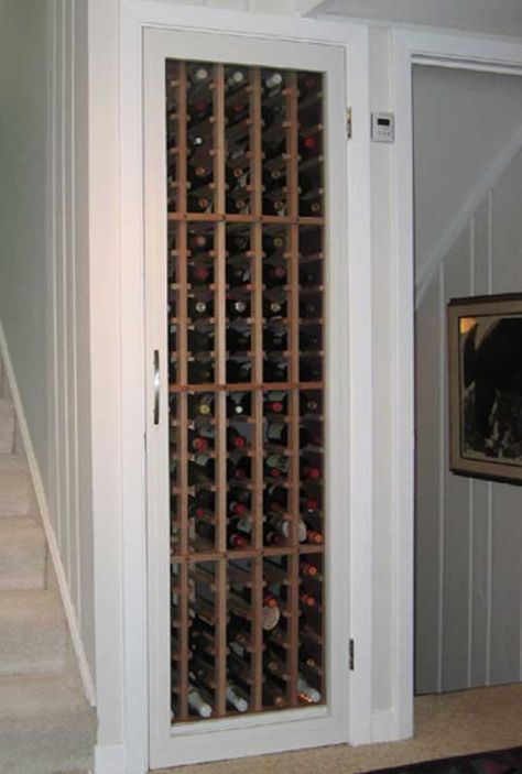 Wine Cellar Closet, Wine Door, Diy Wine Cellar, Unfinished Basements, Small Closet Room, Under Stairs Wine Cellar, Small Closet Door Ideas, Basement Ceilings, Closet Conversion