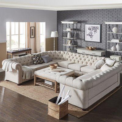 Three Posts Gowans Sectional Collection | Wayfair Linen Sectional, Furnitur Ruang Keluarga, Sala Grande, Family Room Design, Living Room Diy, A Living Room, Furniture Arrangement, Apartment Living Room, Small Living Room