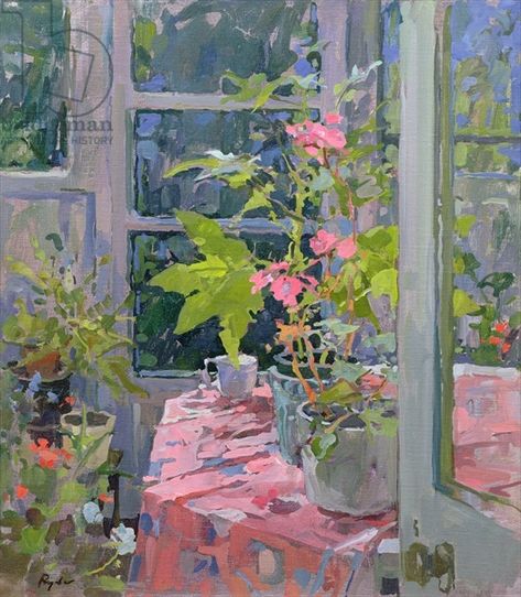 Susan Ryder. Geraniums and Pink Cloth (#oil on canvas) Paintings Of Windows, Susan Ryder, Geranium Artwork, Geranium Oil Painting, Paintings Of Windows Looking Out, Impressionist Window Painting, Interior Paintings, Painted Bags, Found Art