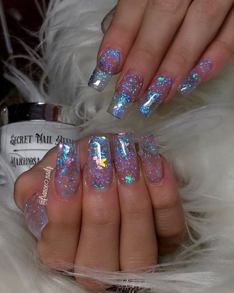 40+ Sparkly Nails Designs You Should Do - The Glossychic Clear Holographic Nails, Fairy Glitter Nails, Extra Sparkly Nails, Chunky Sparkle Nails, Chunky Glitter Nail Designs, Super Sparkly Nails, Clear Tip Nails Designs, Glitter Flake Nails, Chunky Glitter Nails Acrylics