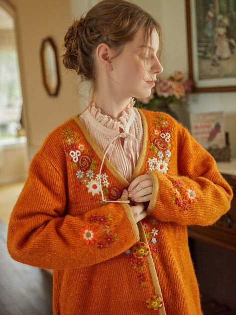 Embroidered Sweater Outfit, Fall Coquette Outfits, Manifest Clothes, Kenzie Fashion, Orange Cardigan Outfit, Fairy Vintage, Sweaters Outfit, Mori Fashion, Fairy Clothes