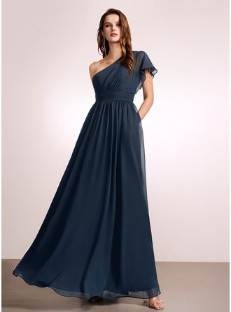 A-Line One-Shoulder Floor-Length Bridesmaid Dress With Ruffle (007262597) - JJ's House Dress Classy Elegant, Prom Dresses Classy, Navy Evening Dresses, Wedding April, Dusty Blue Dress, Taylor Wedding, Classic Prom Dress, Evening Dress Patterns, Long Dress Plus Size