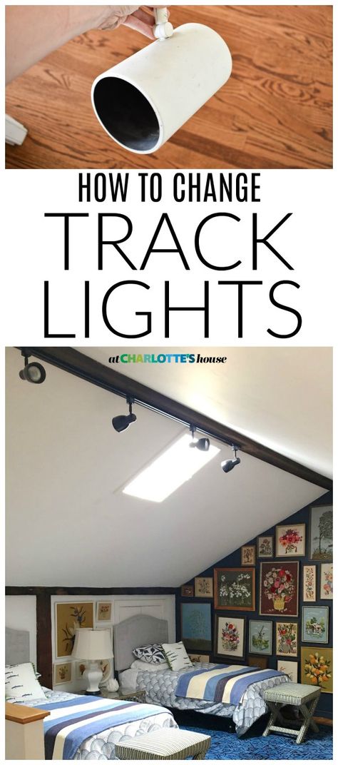 We had old dated track lights in our guest room, and in less than an hour (for under $40) was able to change the fixture and updated the whole space. Update Track Lighting Diy, Track Lighting Update, Updating Track Lighting, Update Track Lighting, Track Lighting Living Room, Fireplace Bookcase, Track Lighting Kitchen, Lighting Updates, Rustic Kitchen Lighting