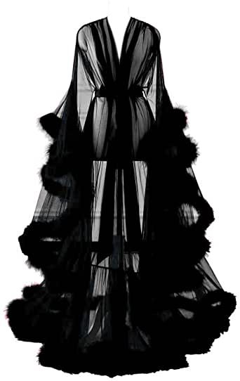 High Quality Tulle and Feather, belt is satin. Find out what sizes and colors are available. #sexy #lingerie Feather Bridal Robe, Fancy Robes, Wedding Scarf, Sheer Robe, Illusion Tulle, Bridal Ball Gown, Bridal Robe, Black Everything, All Black Everything