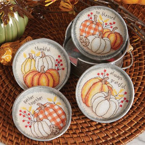 Pumpkin Cross Stitch Patterns, Floss Organizer, Always Grateful, Pumpkin Cross Stitch, Metal Coasters, Fall Cross Stitch, Candy Ornaments, Gather Together, Orange Decor