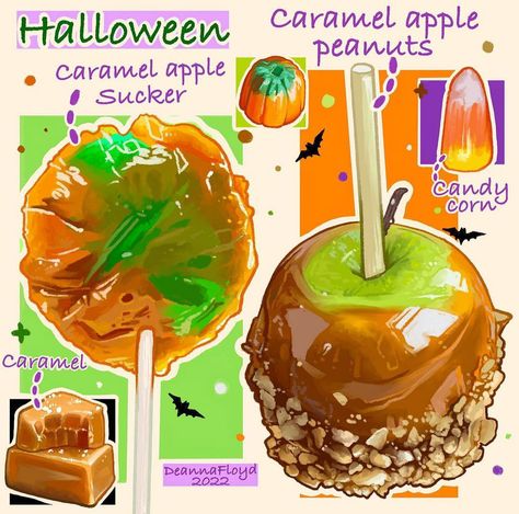 Credits to: @artd1993 Instagram Candied Apples Aesthetic, Halloween Food Design, Donut Digital Art, Candy Digital Art, Apple Design Art, Candy Apple Drawing, Food Art Reference, Halloween Candy Drawing, Food Reference Photos