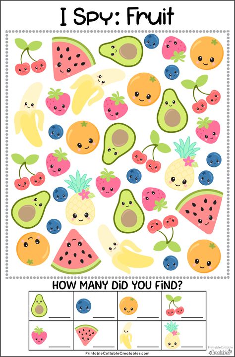 Free Printable Fruit I Spy Game - Free Kids Creatables Preschool I Spy Free Printables, Fruit Games For Kids, I Spy Printables For Kids Free, Food Activities For Kids, Food Games For Kids, Fruit Games, School Free Printables, Spy Games For Kids, Coloring Games For Kids