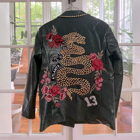 The Perfect Jacket For The Eras Tour!!! Handsewn Rhinestones And Embroidered Patches Over A Green Leather Jacket. Reminiscent Of Taylor’s Own Reputation Era Look. Worn On The Floor At The Atl 4/29 Show, But Otherwise Brand New. Open To Offers Reputation Jacket Taylor Swift, Taylor Swift Reputation Jacket, Taylor Swift Painted Jacket, Rep Jacket, Reputation Jacket, Eras Tour Jacket, Big Reputation, Green Leather Jacket, Painted Leather Jacket