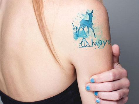 Harry Potter tattoo. Blue deer with lettering 'Always'. Always Harry Potter Tattoo, Patronus Tattoo, Nerd Tattoos, Tattoo Harry Potter, Doe Tattoo, Always Tattoo, Hirsch Tattoo, Hp Tattoo, Script Tattoo