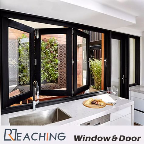 Kitchen Aluminium Windows and Doors Folding Open with Water Proof Durable Hardware from China manufacturer - Reaching Build Co., Ltd Bifold Windows, Kitchen Window Bar, Kitchen Window Design, Folding Windows, Window Bars, Aluminium Windows And Doors, Aluminium Windows, Chicken House, Apartment Kitchen