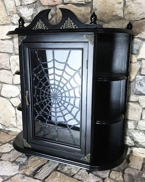 Gothic Tiny House, Goth Furniture, Small Room Storage, Black Display Cabinet, Wooden Display Cabinets, Gothic Furniture, Dark Home Decor, Goth Home, Goth Home Decor