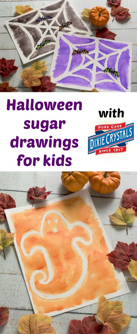 We love easy Halloween crafts for kids like these sugar drawings! Painting over a special sugar mixture reveals a unique design underneath. Great DIY for toddlers, for preschool, or really any age.  via @modpodgerocks Diy For Toddlers, Easy Halloween Crafts For Kids, Crystals For Kids, Easy Halloween Drawings, Toddler Drawing, Kids Painting Crafts, Diaper Gifts, Fun Halloween Crafts, Halloween 3