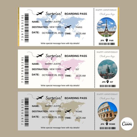 Editable Boarding Pass Template, Canva Boarding Pass, Customizable Plane Tickets, Personalised Boarding Card, Airplane Ticket Gift Card, Ticket Design Ideas Creative, Prom Ticket Design, Surprise Vacation Reveal, Aviation Wedding Theme, Prom Tickets, Surprise Trip Reveal, Airplane Ticket, Surprise Vacation, Boarding Pass Invitation