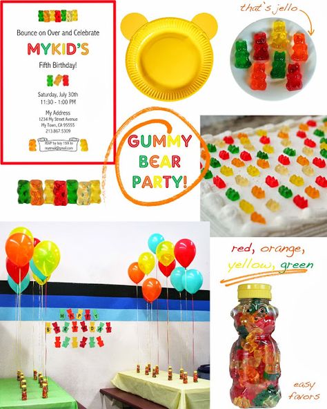 Party // Gummy Bears! via bliss bloom blog  Love this concept but to create those sweet honey bear gummy holders you have to eat through/waste 30 containers of honey Gummy Bear Themed Birthday Party, Gummy Bear Party, Bear Themed Birthday Party, Easy Favors, Themed Birthday Party Ideas, Honey Container, Lifestyle Journal, Bear Birthday Party, Bear Theme