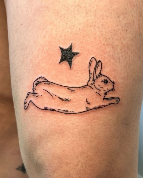 Just a sweet bunny and star from my flash to commemorate Manuela’s old friend 🐰🖤 Thanks again always so nice to see you!! . #torontotattoo #femaletattooartist #pettattoo #rabbittattoo #cutetattoo Witchy Rabbit Tattoo, Medieval Rabbit Tattoo, Bunny Wings Tattoo, Fox And Rabbit Tattoo, Black Bunny Tattoo, American Traditional Rabbit, Jack Rabbit Tattoo, Brown Tattoo Ink, Pegasus Tattoo