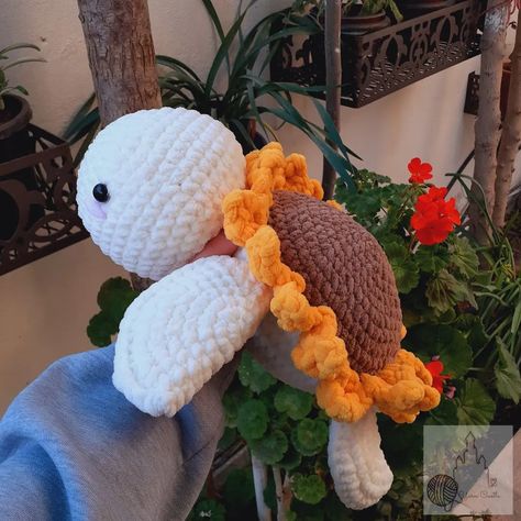 Crochet large sunflower turtle plush. DM to order!! #ctocheting #crochet #smallbusiness #smallbusinessowner #smallbusinesssupport #yarn #handmade #sunflowerturtle #amigurumiturtle #amigurumi Sunflower Turtle, Turtle Plush, Sunflower, Amigurumi, Yarn, Crochet, Quick Saves