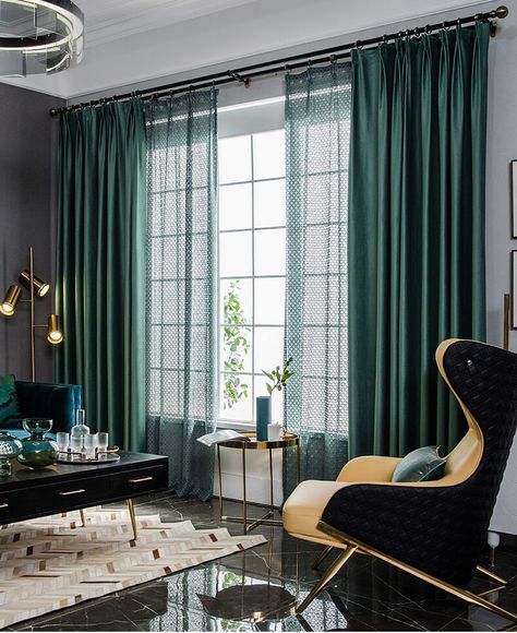 Emerald Curtains Living Rooms, Green Office Design, Emerald Green Curtains, Emerald Curtains, Luxury Curtains Living Room, Dark Green Living Room, Head Spa, Green Dining Room, Decorating A New Home