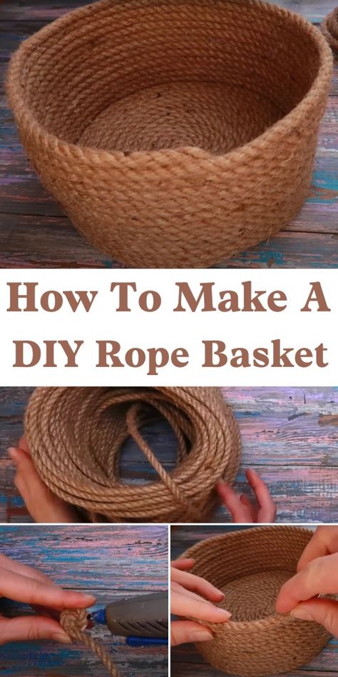 How To Make A DIY Rope Basket - The Newlywed Lobster Rope Basket Diy, Diy Rope Laundry Basket, How To Make A Rope Basket, How To Make A Basket, Rope Bowls Diy How To Make, Rope Baskets Diy Tutorials, Rope Bowls Ideas, Diy Boho Basket, Coiled Rope Basket Diy