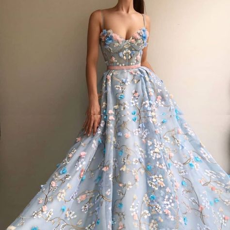 Shipping Worldwide. Fabric - Organza and Satin. Work - Resham Thread, Zari And 3D floral motifs. *Custom made outfit, can be made in any color of your choice. For price, orders & other information DM or What's App on +91 9930089059 Happy Shopping☺️. Sky Blue Prom Dress, Burgundy Homecoming Dress, 3d Fabric, Gowns Elegant, Gown Style, Blue Tulle, Sweet 15, Gowns Wedding, A Line Prom Dresses