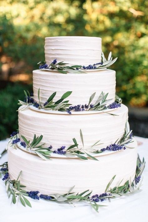 Olive Branch and Fresh Lavender Wedding Cake #weddings #weddingcolors #weddingideas Dresses Hairstyles, Wedding Cake Designs Simple, Makeup Decoration, Lavender Wedding Cake, Purple Wedding Cake, Lavender Cake, Green Wedding Cake, Purple Wedding Cakes, Fresh Lavender