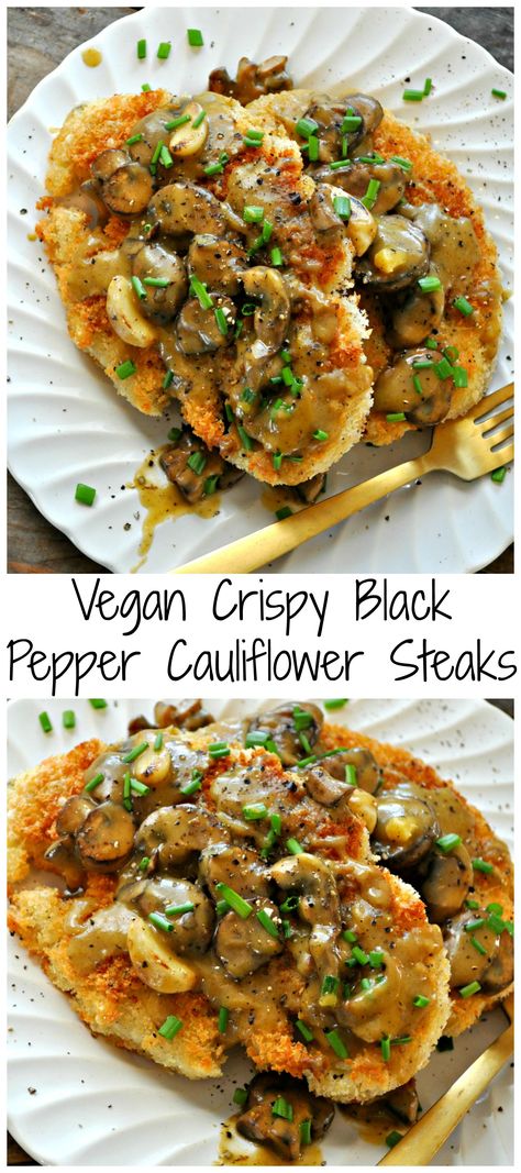 Vegan Crispy Black Pepper Cauliflower Steaks - Rabbit and Wolves Rabbit And Wolves, Cauliflower Steak, Vegan Thanksgiving Recipes, Cauliflower Steaks, Vegan Cauliflower, Mushroom Gravy, Vegan Thanksgiving, Vegan Keto, S'mores