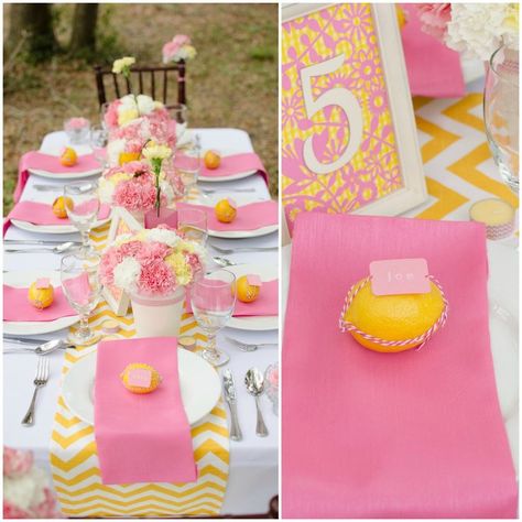 Pink Lemonade Tablescape Pink And Yellow Table Setting, Pink And Yellow Table Decor, Yellow Table Setting, Lemon Tablescape, Lemonade Wedding, Diy Wedding Magazine, Yellow Wedding Theme, Wedding Planner Business, Yellow Table