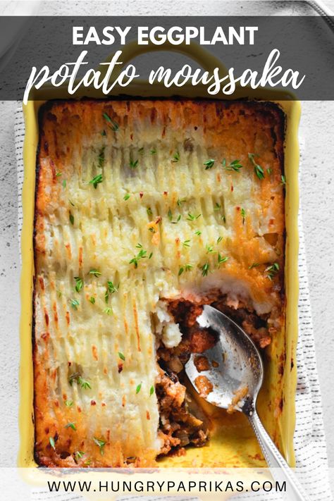 Easy Eggplant and Potato Moussaka - the best comfort food! Baked eggplant, spiced meat, and fluffy mashed potatoes. So easy! #comfortfood Eggplant Potato Recipe, Potato Moussaka, Eggplant Moussaka, Easy Eggplant, Eggplant Recipes Easy, Moussaka Recipe, Greek Dinners, Fluffy Mashed Potatoes, Healthy Beef Recipes