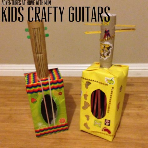 Kid made tissue box guitar Tissue Box Crafts, Instrument Craft, Homemade Instruments, Earth Day Projects, Preschool Music, Music Crafts, Joyful Noise, Vbs Crafts, Box Guitar