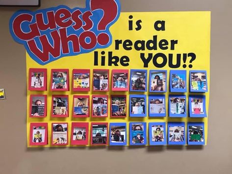 Library Boards Ideas, Elementary School Library Bulletin Board Ideas, Elementary Library Book Displays, Library Book Display Ideas, What Are You Reading Bulletin Board, Interactive Library Displays, Guess Who Is Reading Bulletin Board, Elementary Library Bulletin Board Ideas, Middle School Library Bulletin Boards