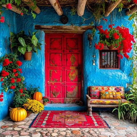 Mono Azul Bright House Decor, Patio Mexicano, Bright House, Mexican Home, Garden Cafe, Bohemian Lifestyle, Mexican Decor, Red Door, Outdoor Patio Decor