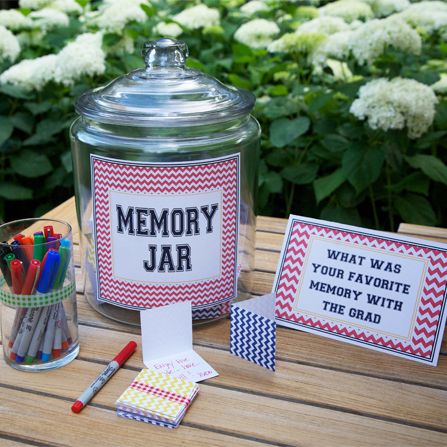 What's your favorite memory with (or of) the grad? Memory jar High School Graduation Party Decorations, Senior Party, Goodbye Party, Graduation Open House, Graduation Party High, Open House Ideas, Senior Graduation Party, Graduation Open Houses, Memory Jar