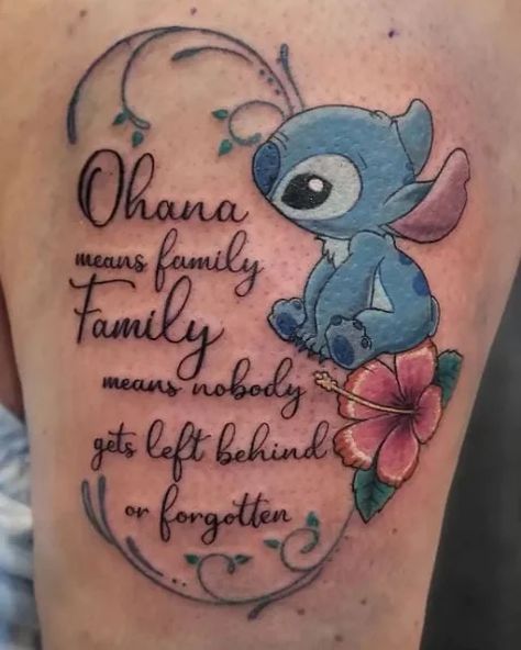 65+ Ohana Tattoo Ideas For A Warm, Welcoming Feeling Cute Tattoos To Get With Your Sister, Stitch Ohana Means Family Tattoo, Stitch Ohana Tattoo Ideas, Stitch Tatoos Ideas, Baddie Small Tattoo Ideas, Stitch Tattoo Ideas Ohana, Arm Tattoos For Women With Color, Olaf Tattoo Ideas, Stitch Tattoos For Women