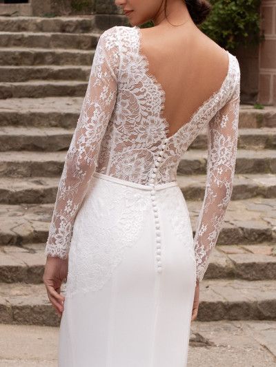 Lace And Crepe Wedding Dress, Chantilly Lace Wedding Dress, Chantilly Lace Dress, Backless Mermaid Wedding Dresses, Pronovias Bridal, Crepe Skirt, Bridal Jumpsuit, Backless Wedding, Corset Bodice