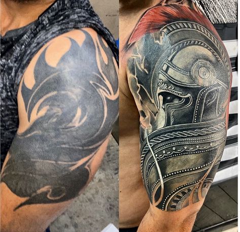 Spartan tattoo Shoulder Cover Up Tattoos Men, Coverup Tattoo Ideas For Men Arm, Best Cover Up Tattoos For Men, Spartan Tattoo Sleeve, Cover Up Tattoos For Men Arm, Spartan Tattoos, Shoulder Cover Up Tattoos, Tattoo Sleeve Cover Up, Arm Cover Up Tattoos