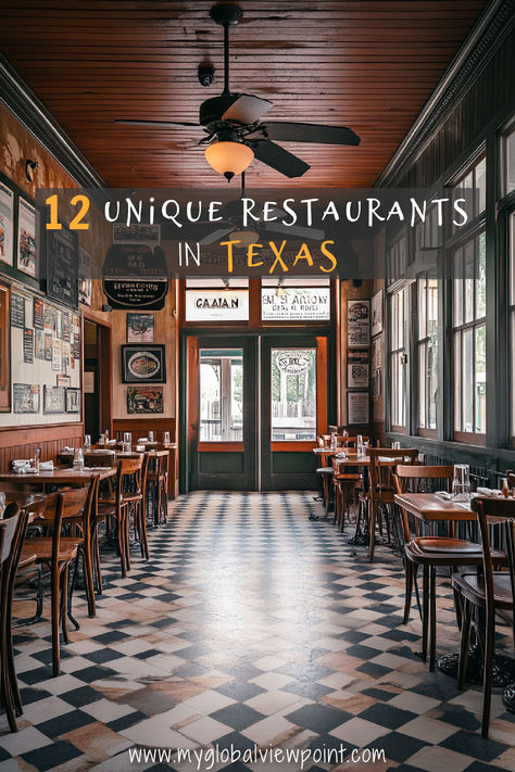 Charming, vintage-style interior of a restaurant with checkered floors, wooden tables, and a rustic ambiance, offering a cozy and unique dining experience in Texas. Texas Restaurants, Best Places To Eat In Dallas Texas, Food Dallas Texas, Mystic Ct Restaurants, Texas Restaurant, Global Cuisine, Unique Restaurants, Foodie Travel, Gas Station