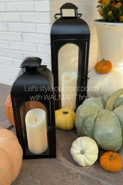 Styled fall porch, fall decor, pumpkin styling, lanterns, decorating for fall Lanterns On Porch, Pretty Pumpkins, Walmart Finds, Fall Front Porch, Fall Front, Porch Decorating, Front Porch, Pumpkins, Lanterns