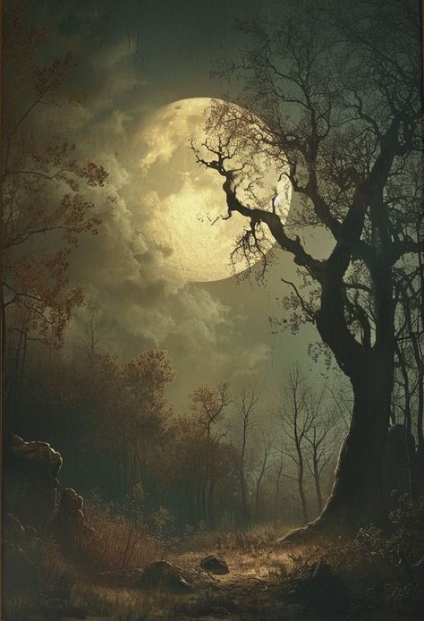 Spooky Moon Aesthetic, Spooky Nature Aesthetic, Spooky Woods Painting, Southern Gothic Landscape, Halloween Moon Drawing, Spooky Forest Art, Spooky Landscapes, Spooky Scenery, Spooky Landscape