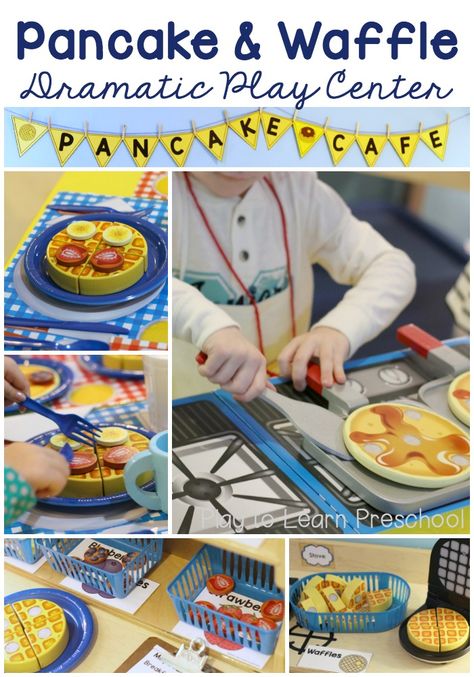 How cute is this Cafe Dramatic Play center?! Children can make pancakes and waffles with a bunch of different toppings. The menu and order forms are so great for early literacy, too. Cafe Dramatic Play, Play To Learn Preschool, Pancake And Waffle, Preschool Cooking, Dramatic Play Center, Cafe Breakfast, Fine Motor Practice, Pancake Cafe, Laura Numeroff