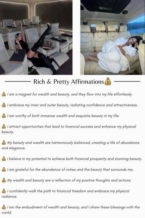 Affirmations for Manifesting Wealth and Beauty. Powerful Morning Affirmations, Powerful Beauty Affirmations, Perfect Life Affirmations, Desired Life Affirmations, Physical Beauty Affirmations, Pretty Affirmations, Dream Life Affirmations, Money Manifestation Affirmations, Beauty Affirmations