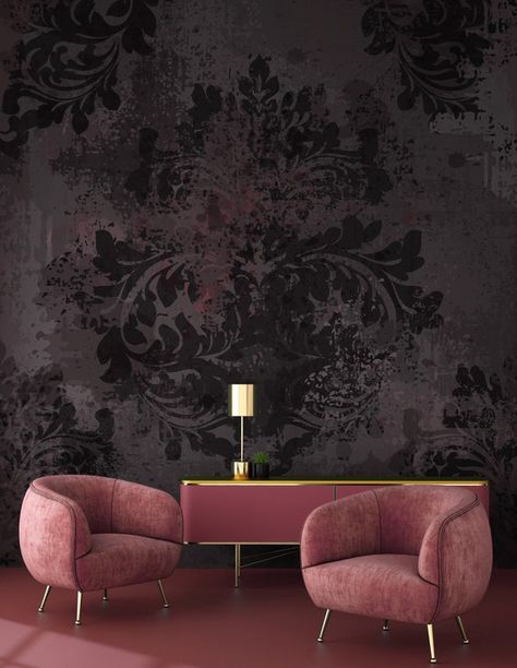 Pink Damask Wallpaper, Wallpaper Smooth, Adhesive Fabric, Pink Color Combination, Minimalist Bed, Pink Damask, 4 Wallpaper, Dark Home, Accent Wall Bedroom