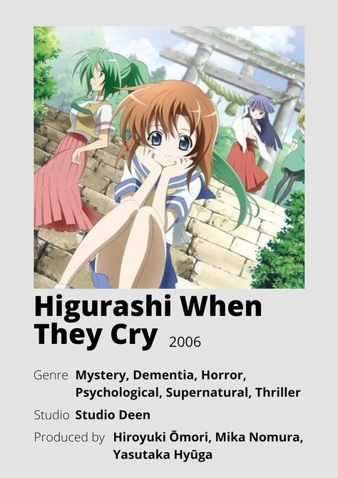 Anime Genre Poster, Higurashi Poster, Poster Horor, Anime Polaroid, Higurashi When They Cry, Genre Posters, Anime Minimalist Poster, Anime Suggestions, Anime List