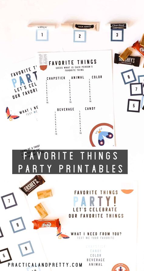 Favorite things parties are one of my favorite things. I made up an invite and game printable for you! I also share some ideas for a favorite things party. Favorite Things Party Games, Favorite Things Game, Favorite Things Party Ideas, Favourite Things Party, Hosting Party, Dinner Party Tablescapes, Summer Kids Party, Cabin Weekend, Printables Ideas